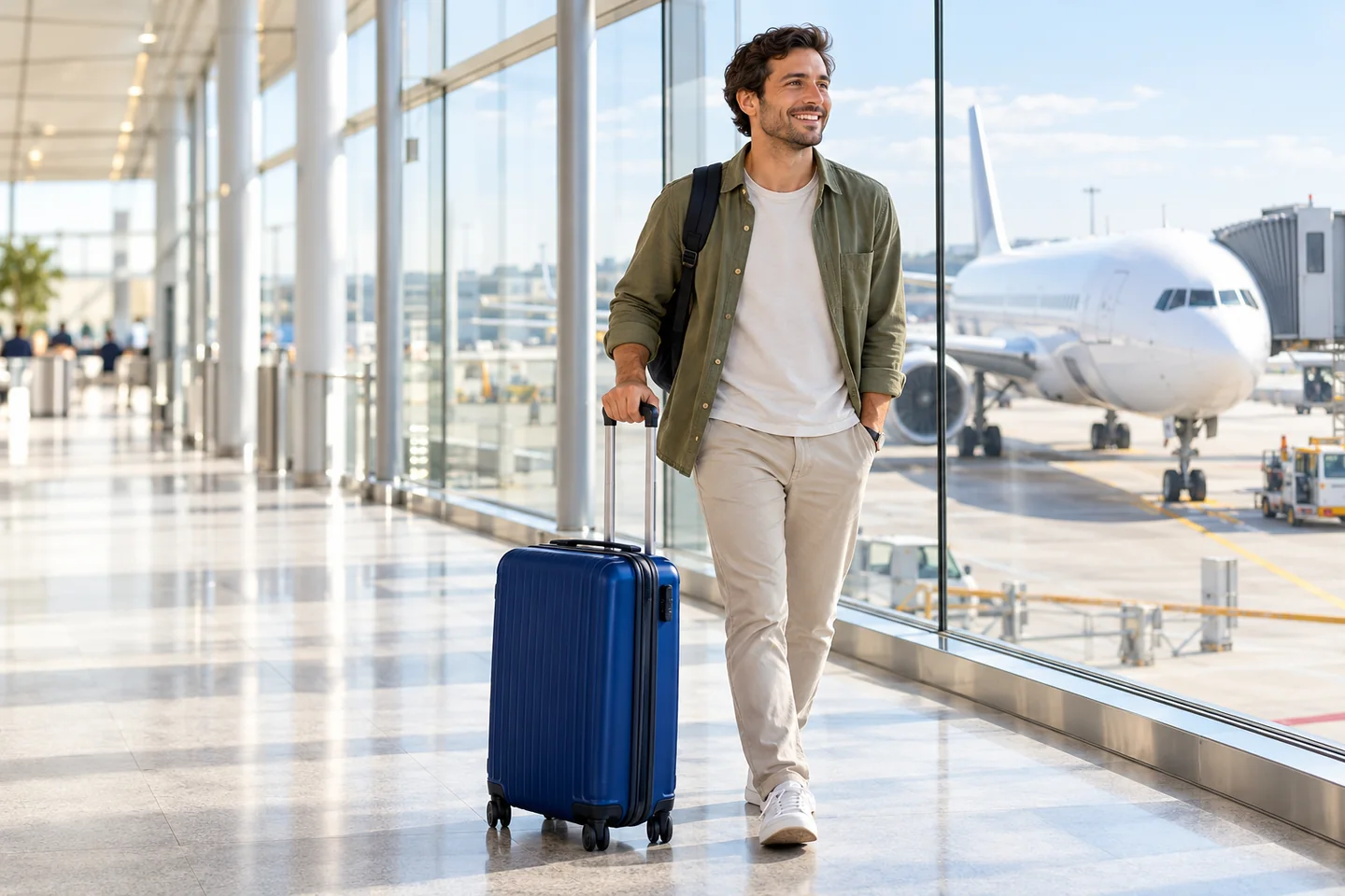 Călător zâmbitor cu valiză albastră într-un aeroport luminos, cu un avion vizibil prin geam.