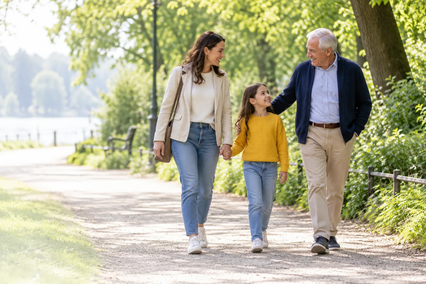 Familie cu părinte, copil și bunic, la plimbare într-un parc.