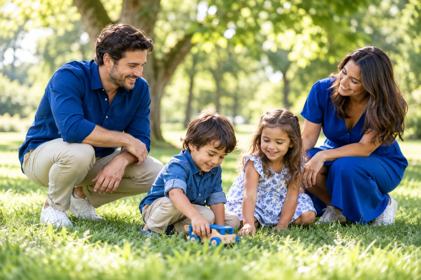 Familie care se joacă împreună cu copiii într-un parc însorit.