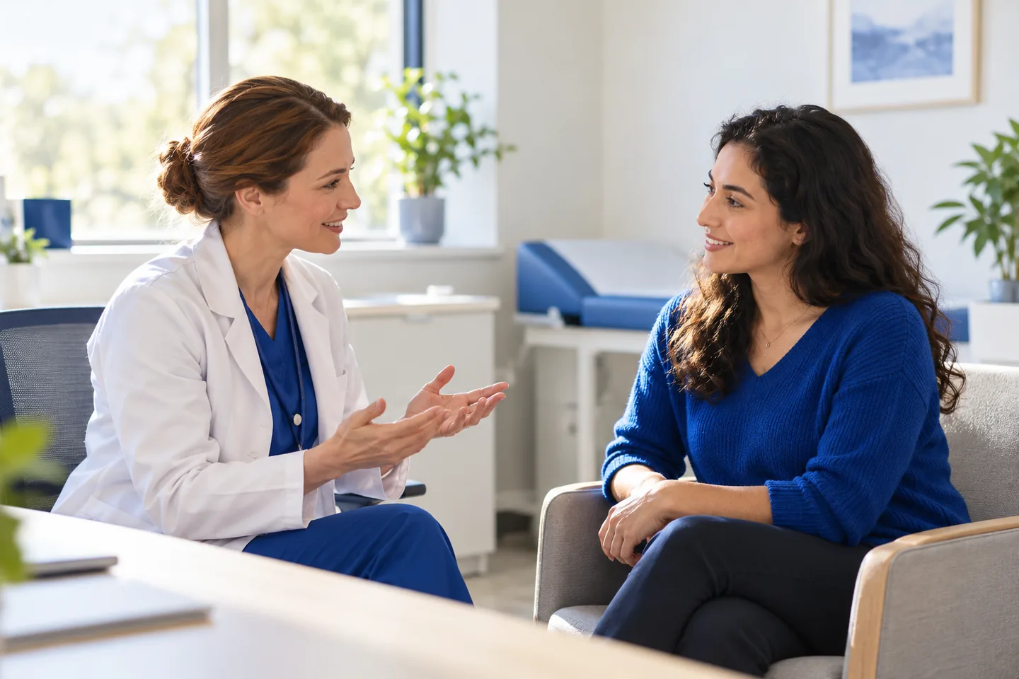 Discuție calmă și prietenoasă între un cadru medical și un pacient.