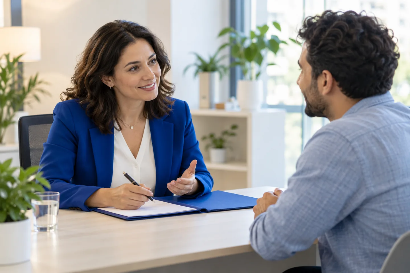 Conversație prietenoasă între un profesionist și un vizitator, într-un birou luminos.