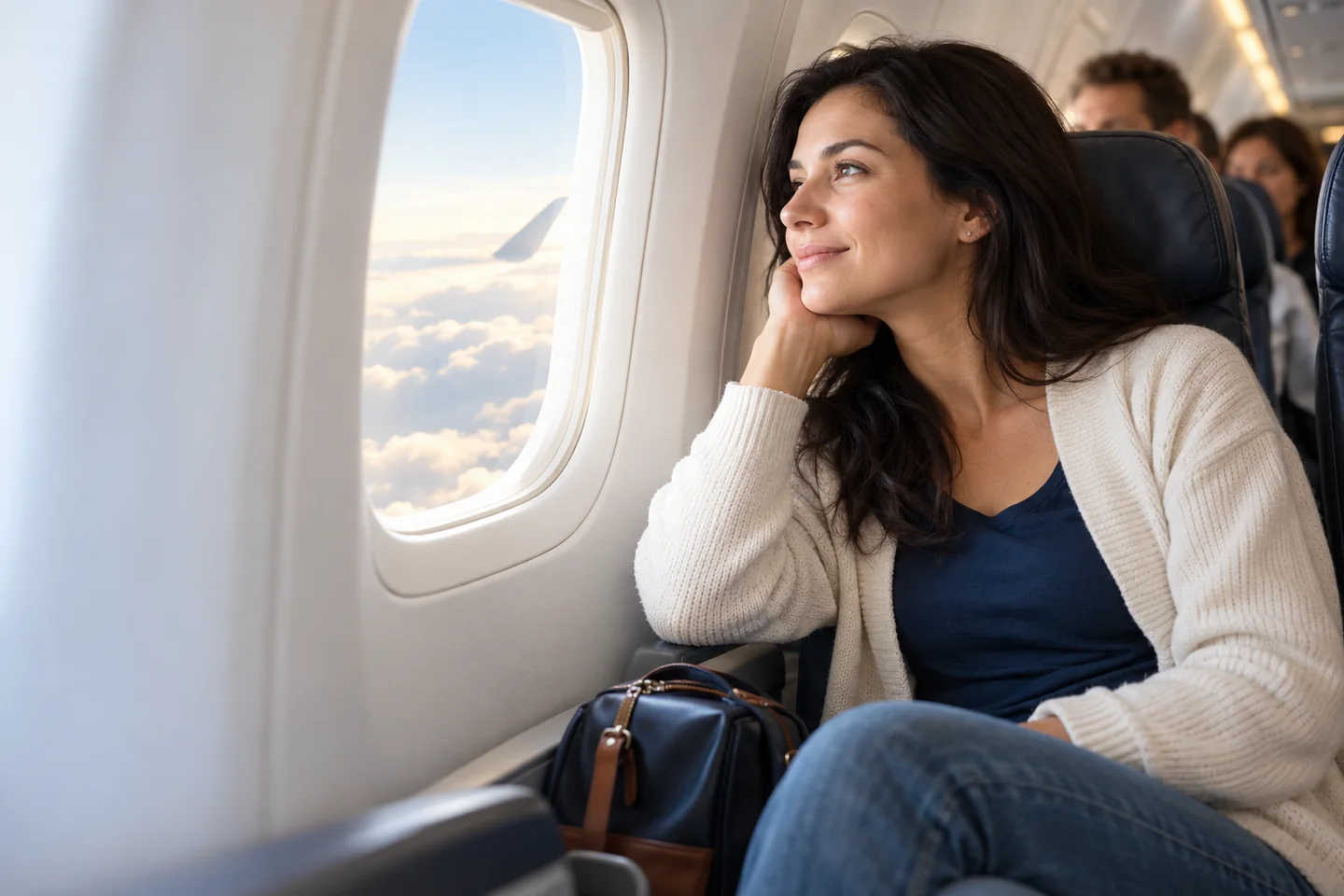 Călătoare privind pe geamul unui avion, spre un cer luminos.