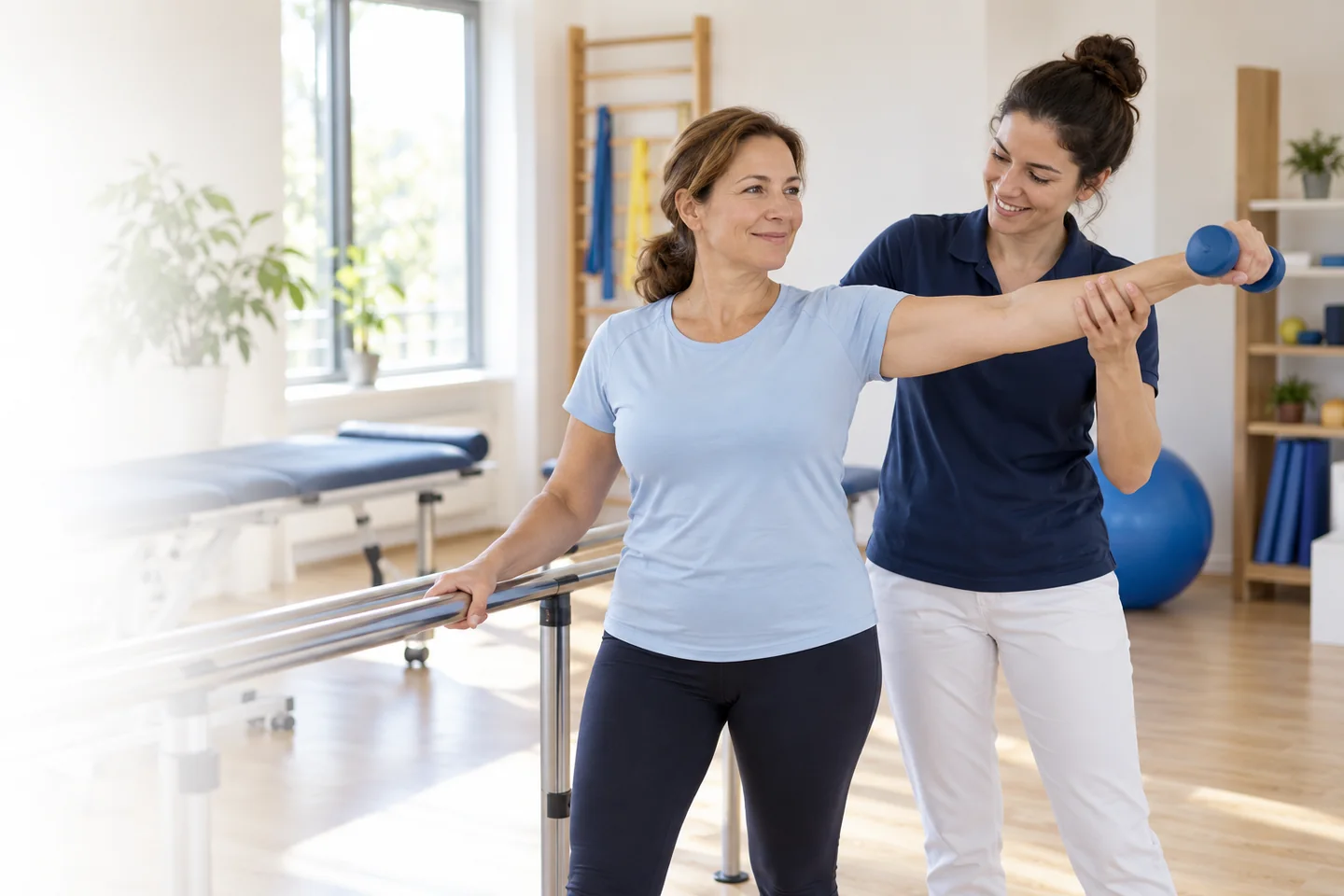 Exercițiu de recuperare cu sprijinul unui fizioterapeut.